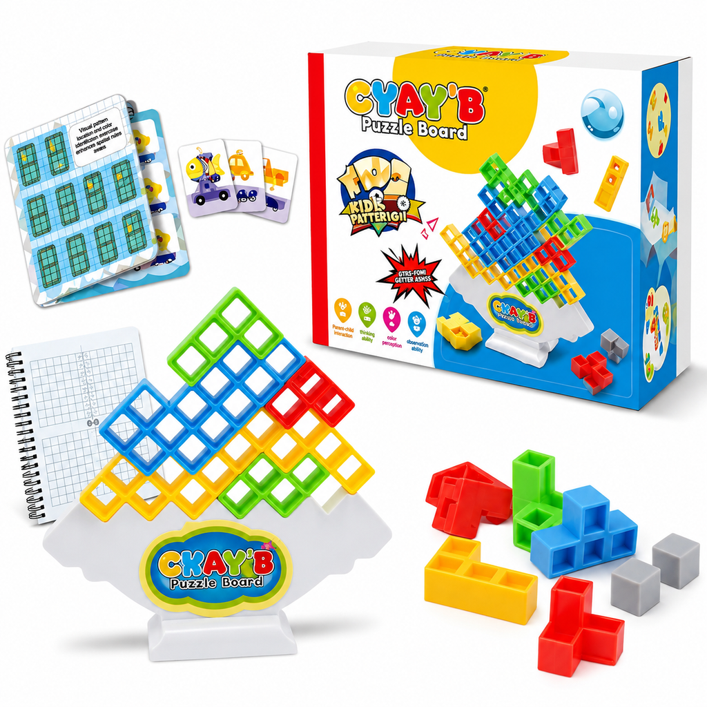 Puzzle Board Game – Montessori Spatial Reasoning & Pattern Recognition Learning Toy with Colorful Geometric Blocks, Activity Cards & Storage Box