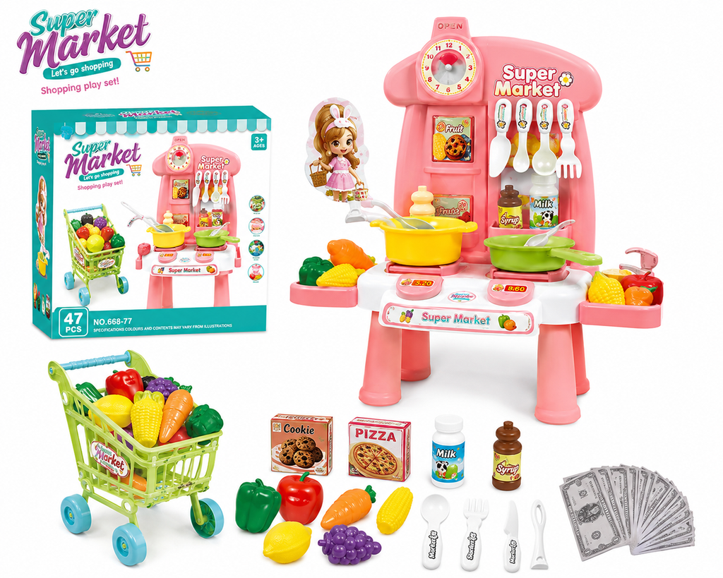 Kids Supermarket Shopping Cart Play Set with Toy Food, Cash & Pretend Grocery Accessories – Pink Play Stand for Toddlers