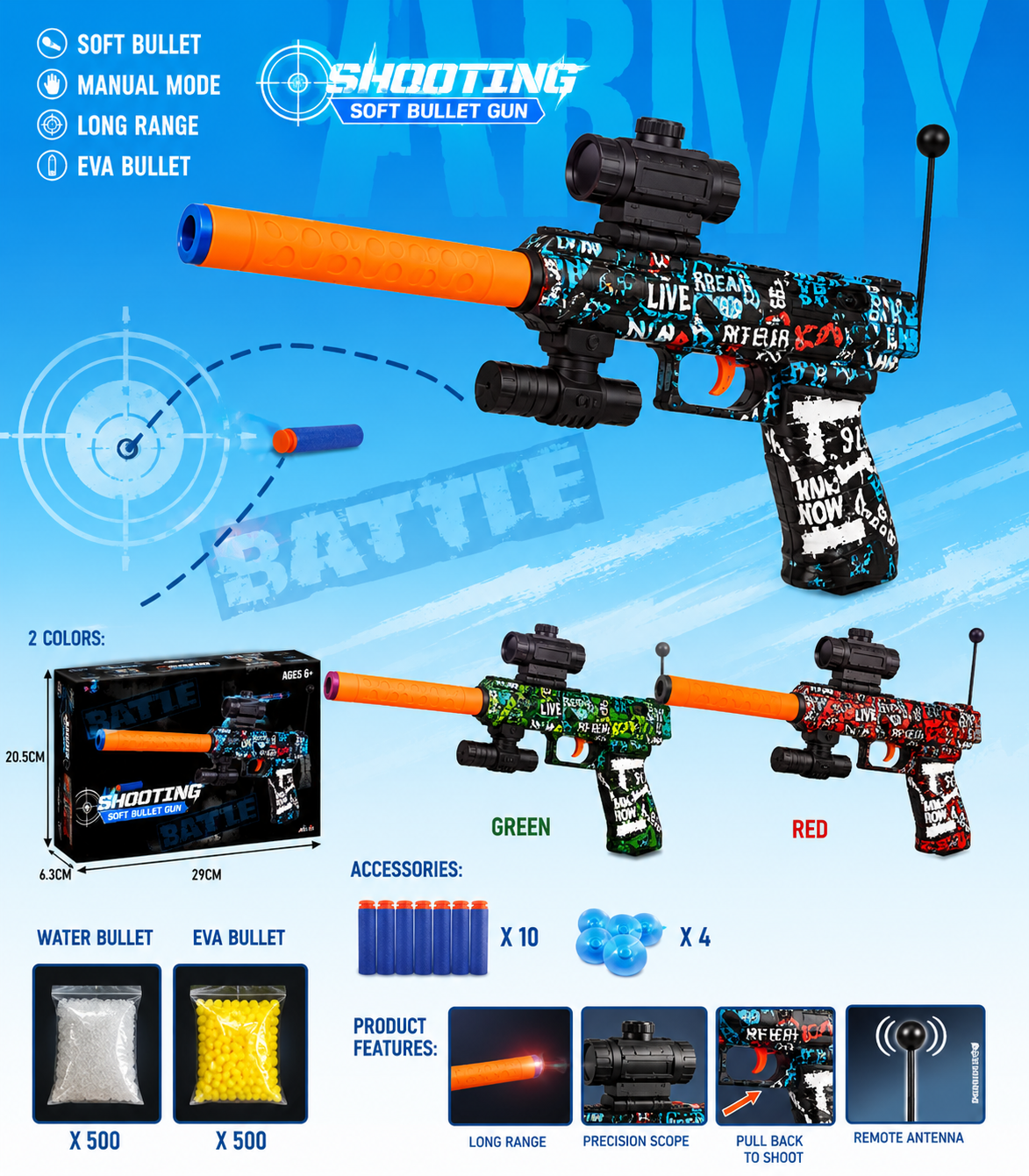 Shooting Soft Bullet Gun Toy – Manual Action Foam Dart & Water Gel Blaster with Scope, Antenna, and Accessories for Kids Age 6+