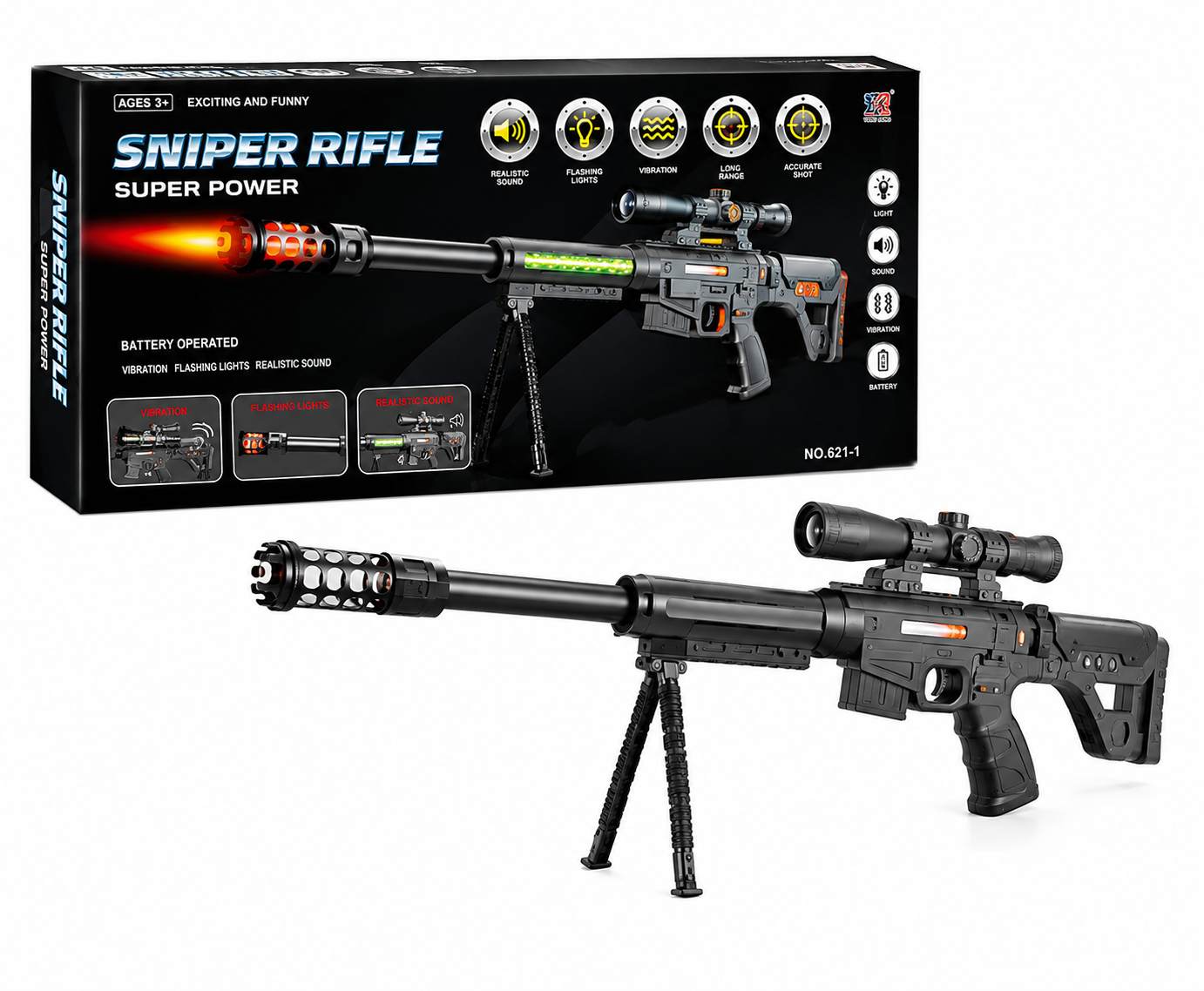 Sniper Rifle Toy for Kids – Battery Operated Tactical Toy Gun with Flashing Lights & Realistic Sounds (Ages 3+)