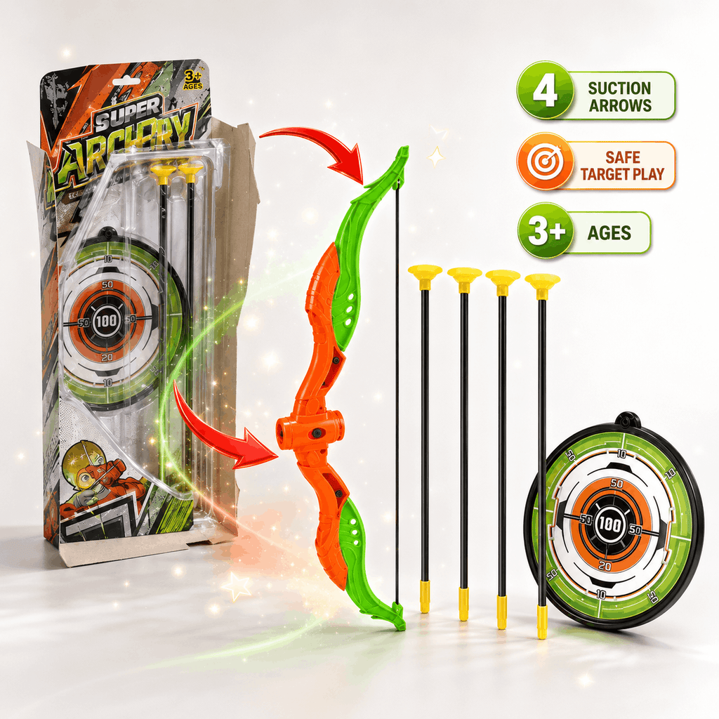Super Archery Bow and Arrow Set for Kids – Safe Toy Target Play with 4 Suction Cup Arrows & Target Board (Age 3+)