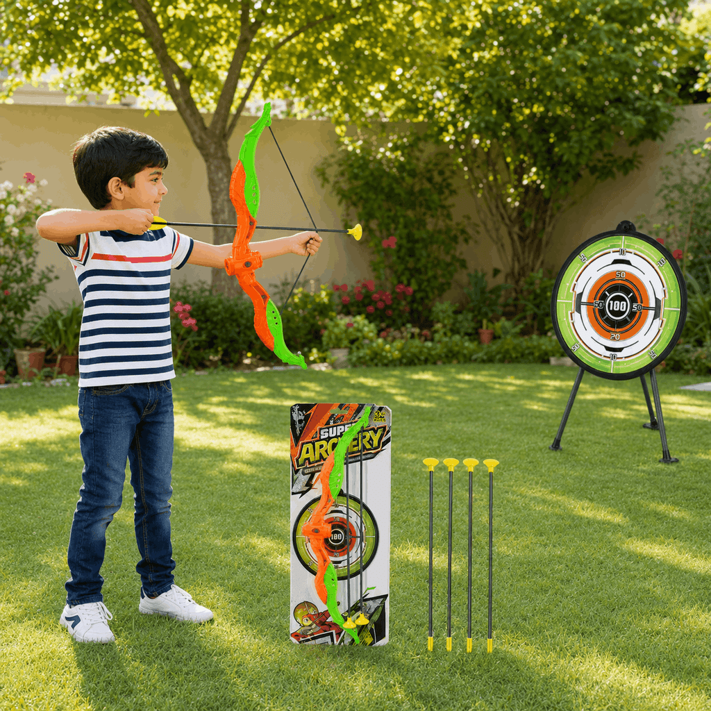 Super Archery Bow and Arrow Set for Kids – Safe Toy Target Play with 4 Suction Cup Arrows & Target Board (Age 3+)