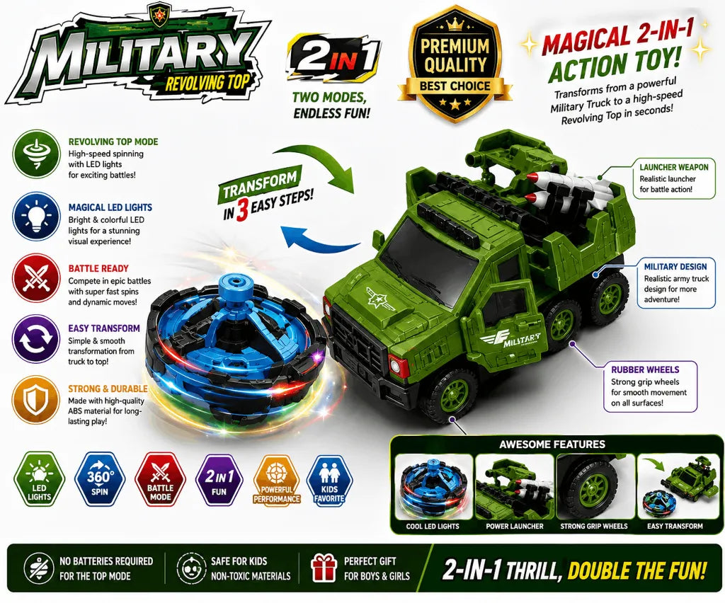 Military Revolving Top 2-in-1 Truck & Spinning Top Toy – Transforming Battle Vehicle with Lights & Action Play