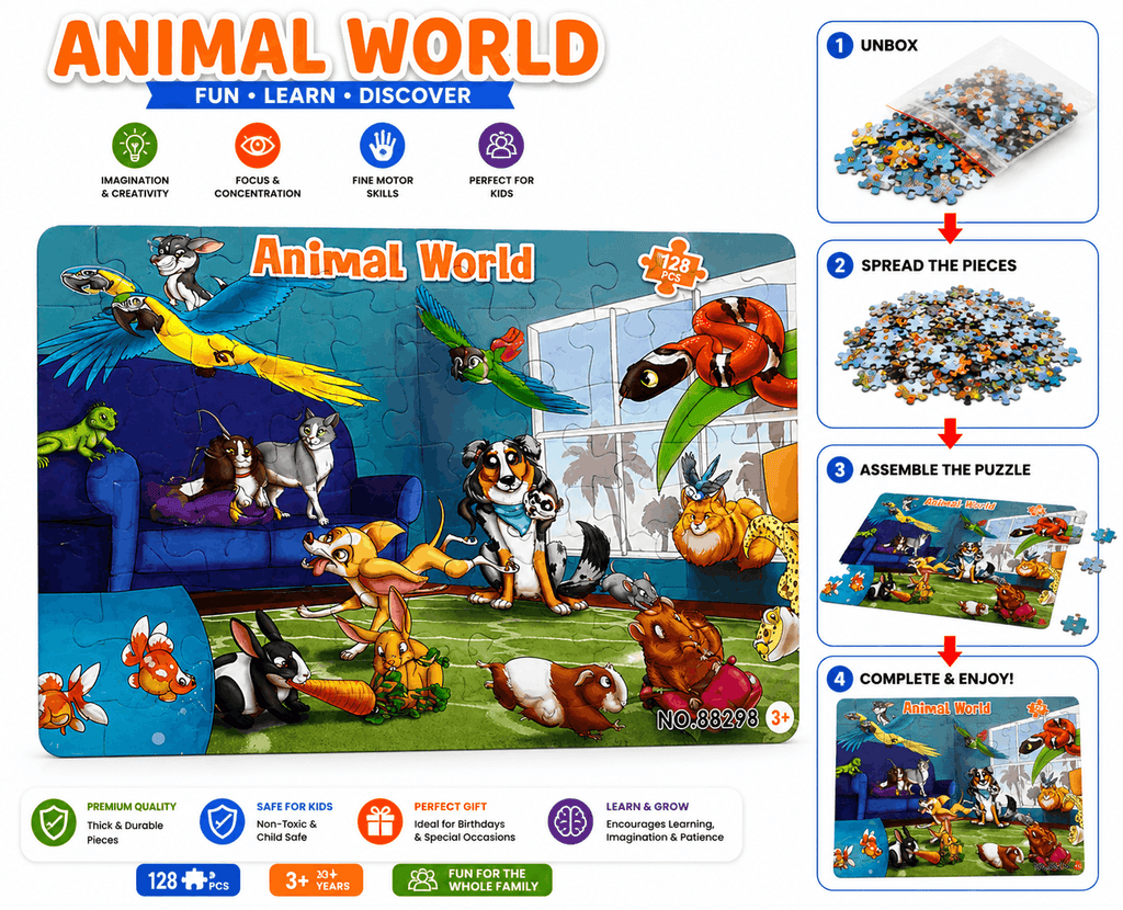 Animal World Puzzle - 128 Pcs Jigsaw Toy Game for Toddlers
