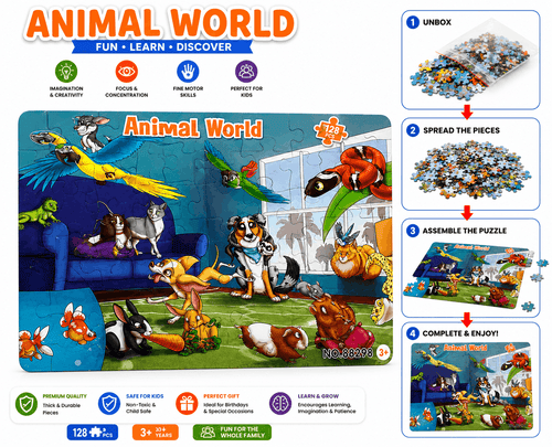 Animal World Puzzle - 128 Pcs Jigsaw Toy Game for Toddlers