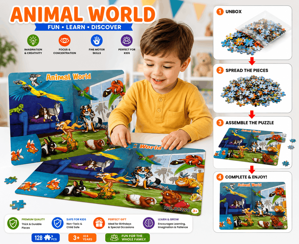 Animal World Puzzle - 128 Pcs Jigsaw Toy Game for Toddlers