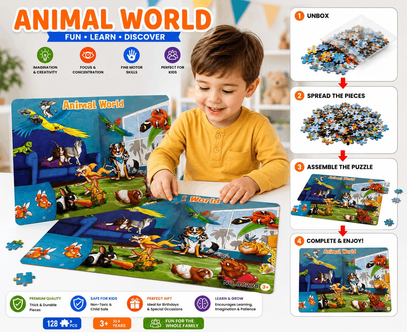 Animal World Puzzle - 128 Pcs Jigsaw Toy Game for Toddlers
