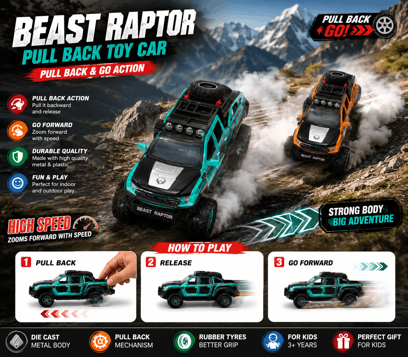 Beast Raptor Metal Pull Back Toy Car - Luxury Die Cast Model Vehicle