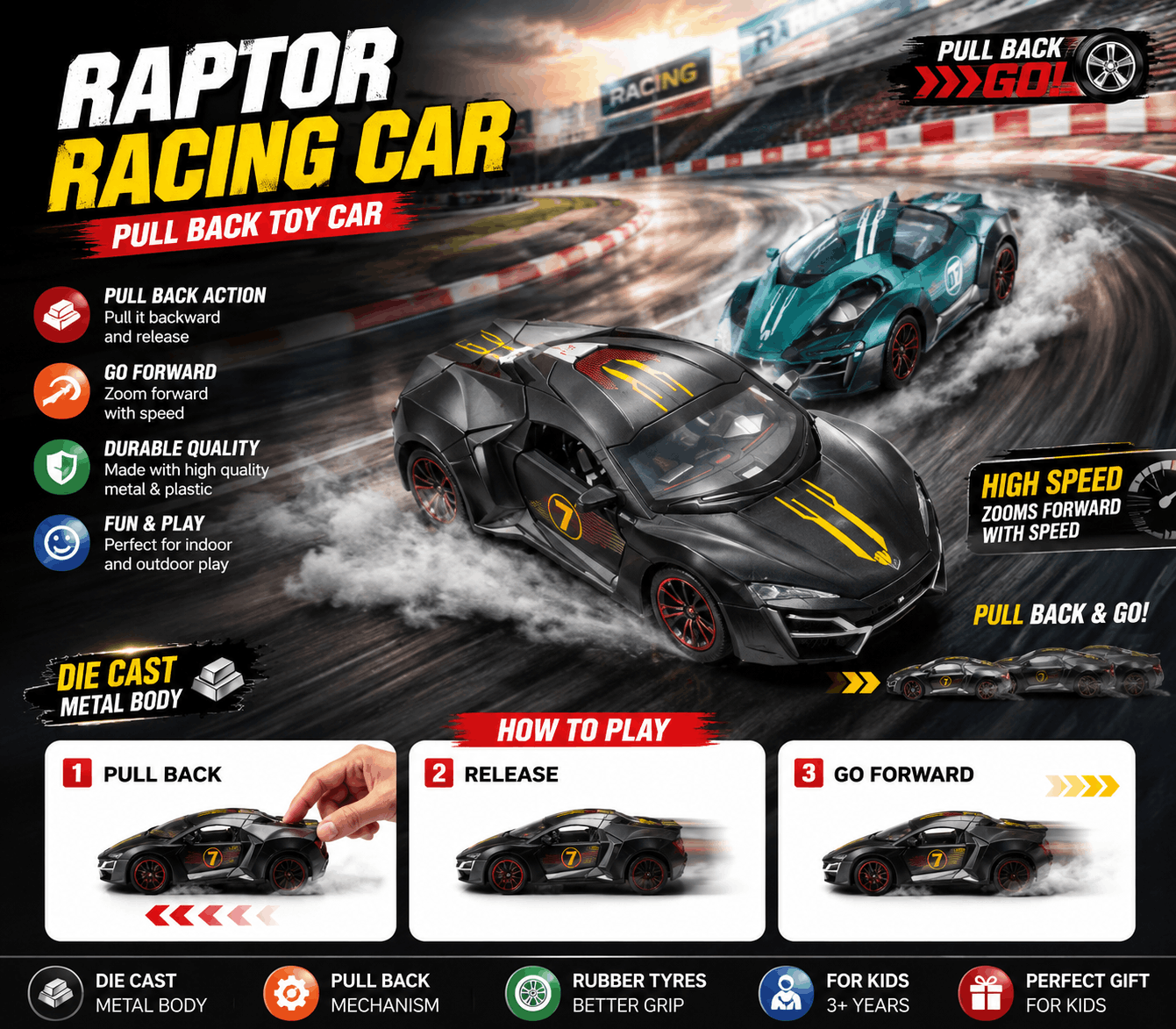 Beast Raptor Metal Pull Back Toy Car - Luxury Die Cast Model Vehicle