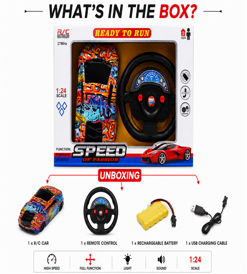 Speed of Passion RC Racing Car - 1:24 Scale Toy Car with Steering Wheel Remote for Boys