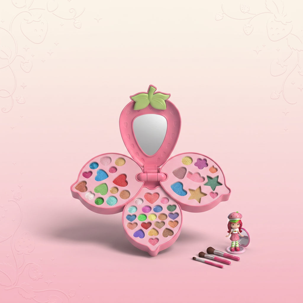 Strawberry Princess Makeup Set for Kids – Foldable Flower Cosmetic Palette with Mirror, Collectible Character Figure, and Mini Makeup Brushes