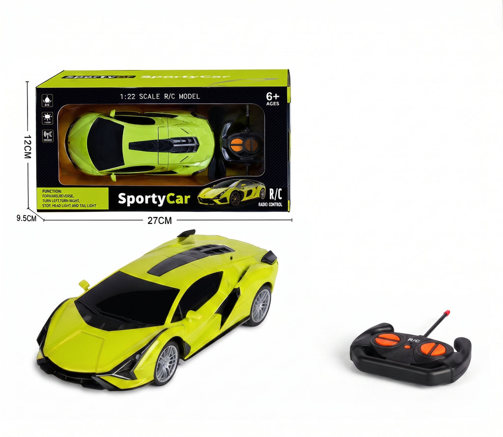 Control SportyCar - Neon Green RC Sports Racing Car with Functional Headlights & Radio Control Transmitter, Toy for Kids