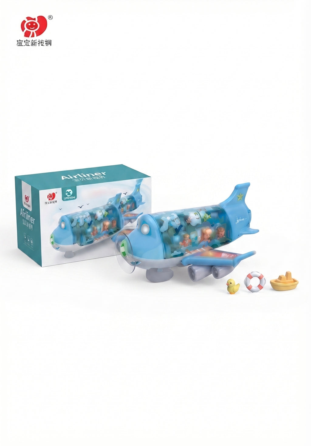 Interactive Blue Airliner Toy Airplane with Spinning Propeller, Passenger Cabin View, and Accessories