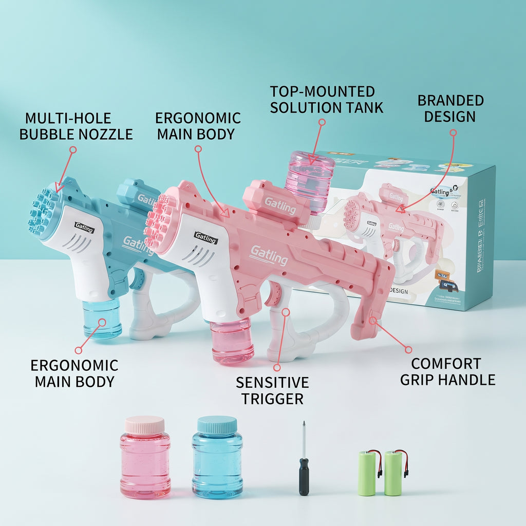 Automatic Gatling Bubble Gun Toy with Light & Sound, Bubble Machine Blaster with Refill Solution, Batteries, and Screwdriver - Pink & Blue Variant