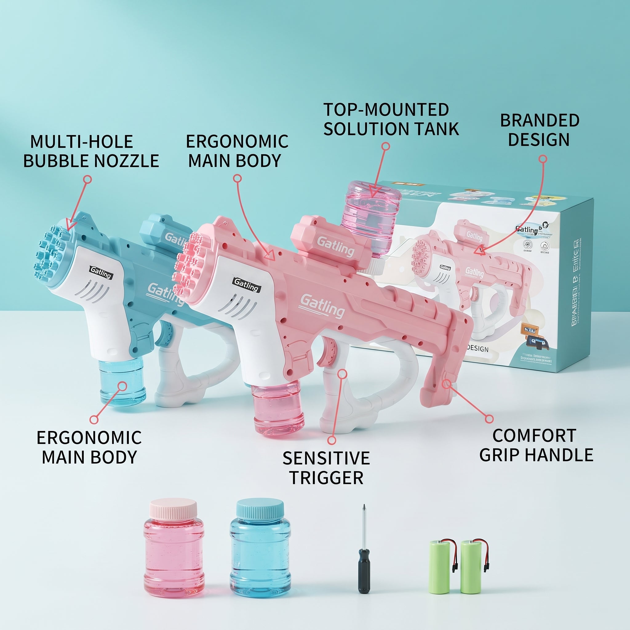 Automatic Gatling Bubble Gun Toy with Light & Sound, Bubble Machine Blaster with Refill Solution, Batteries, and Screwdriver - Pink & Blue Variant