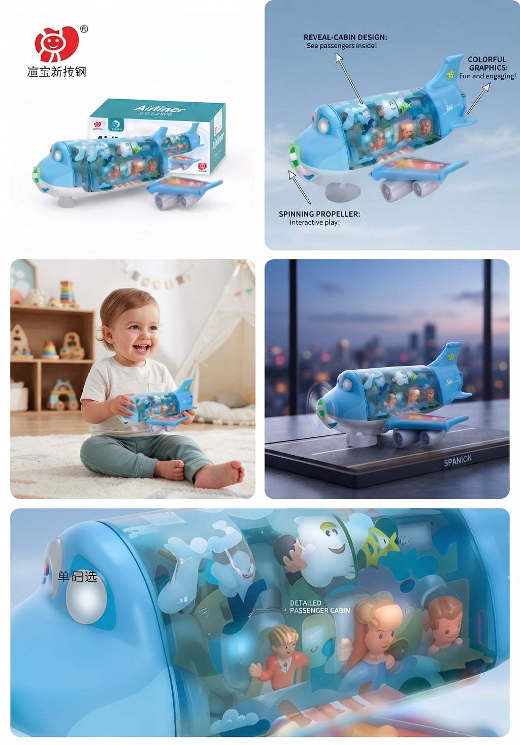 Interactive Blue Airliner Toy Airplane with Spinning Propeller, Passenger Cabin View, and Accessories