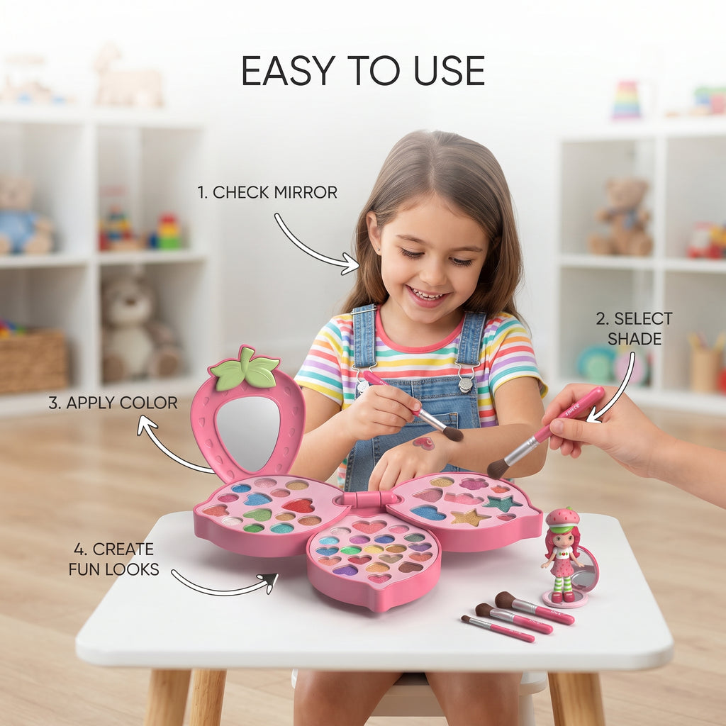 Strawberry Princess Makeup Set for Kids – Foldable Flower Cosmetic Palette with Mirror, Collectible Character Figure, and Mini Makeup Brushes