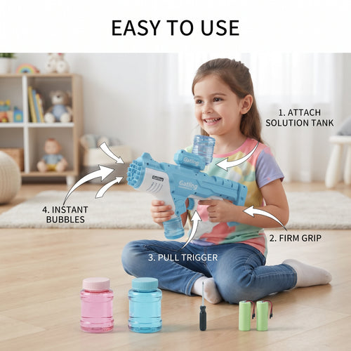 Automatic Gatling Bubble Gun Toy with Light & Sound, Bubble Machine Blaster with Refill Solution, Batteries, and Screwdriver - Pink & Blue Variant