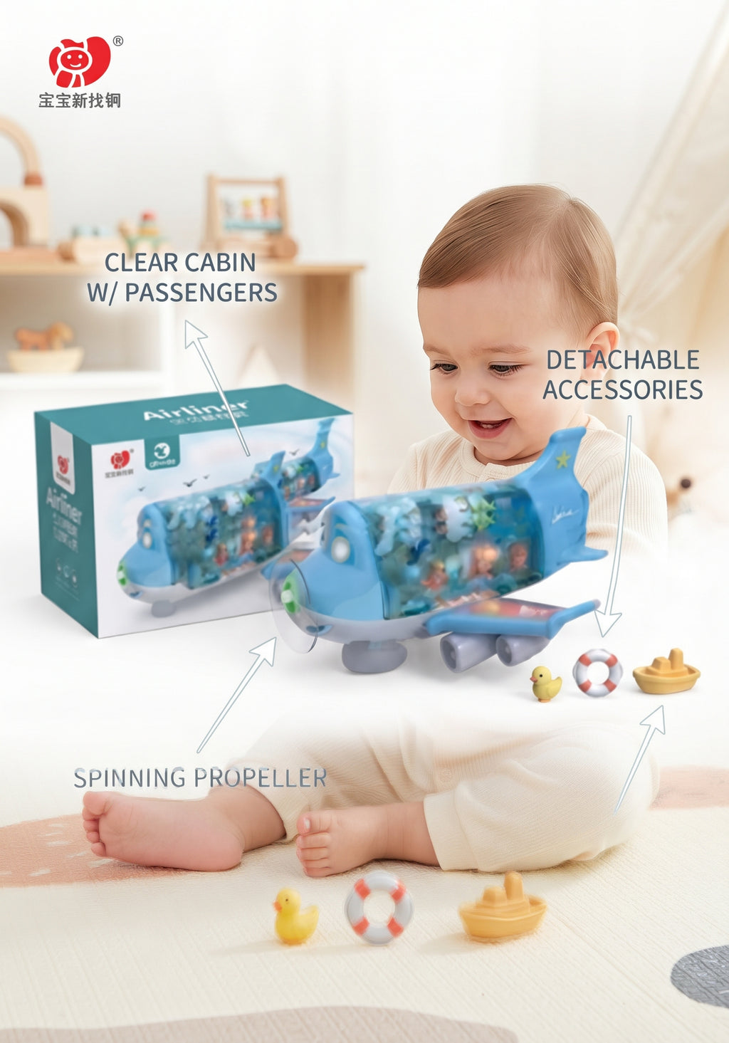 Interactive Blue Airliner Toy Airplane with Spinning Propeller, Passenger Cabin View, and Accessories