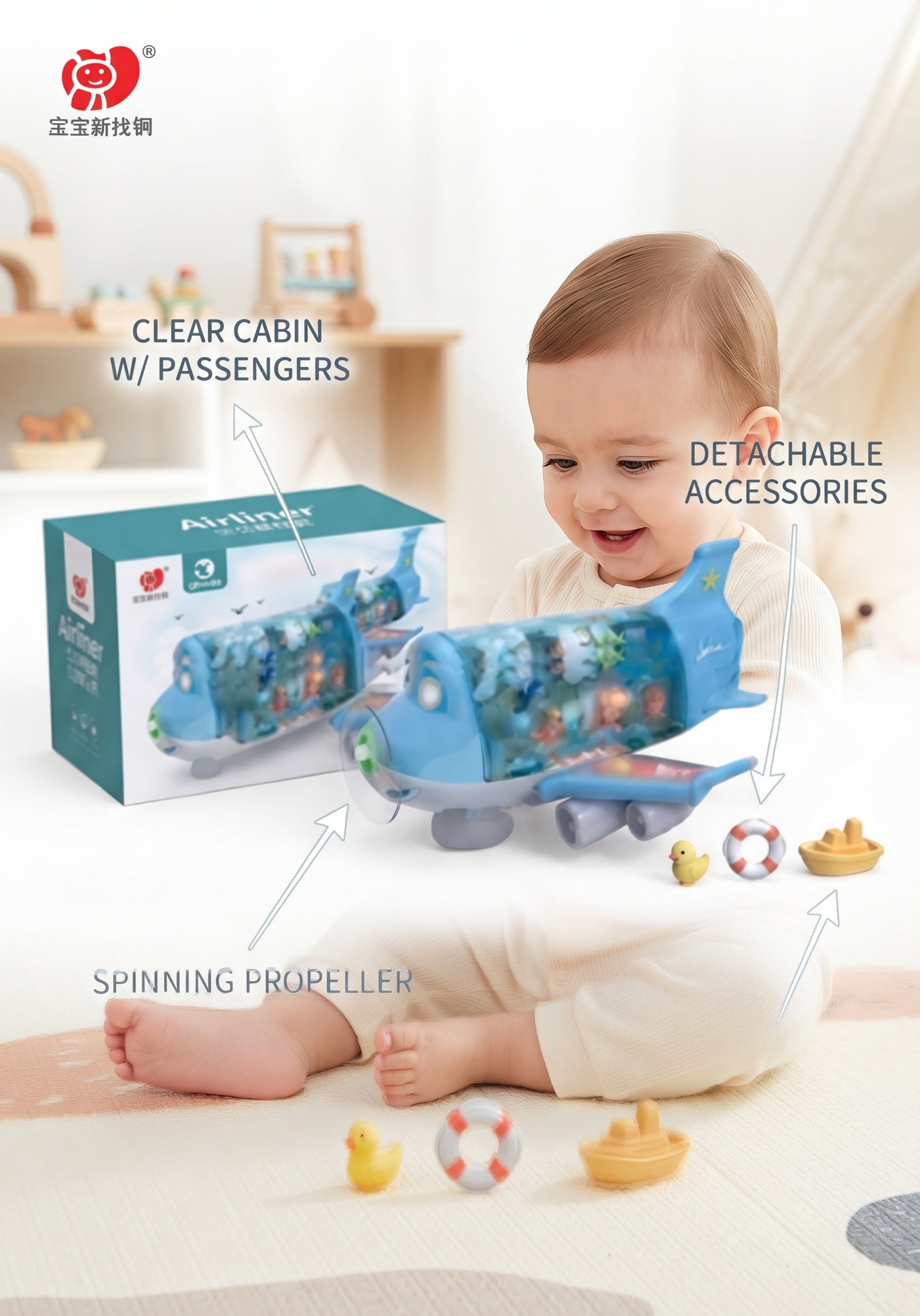 Interactive Blue Airliner Toy Airplane with Spinning Propeller, Passenger Cabin View, and Accessories