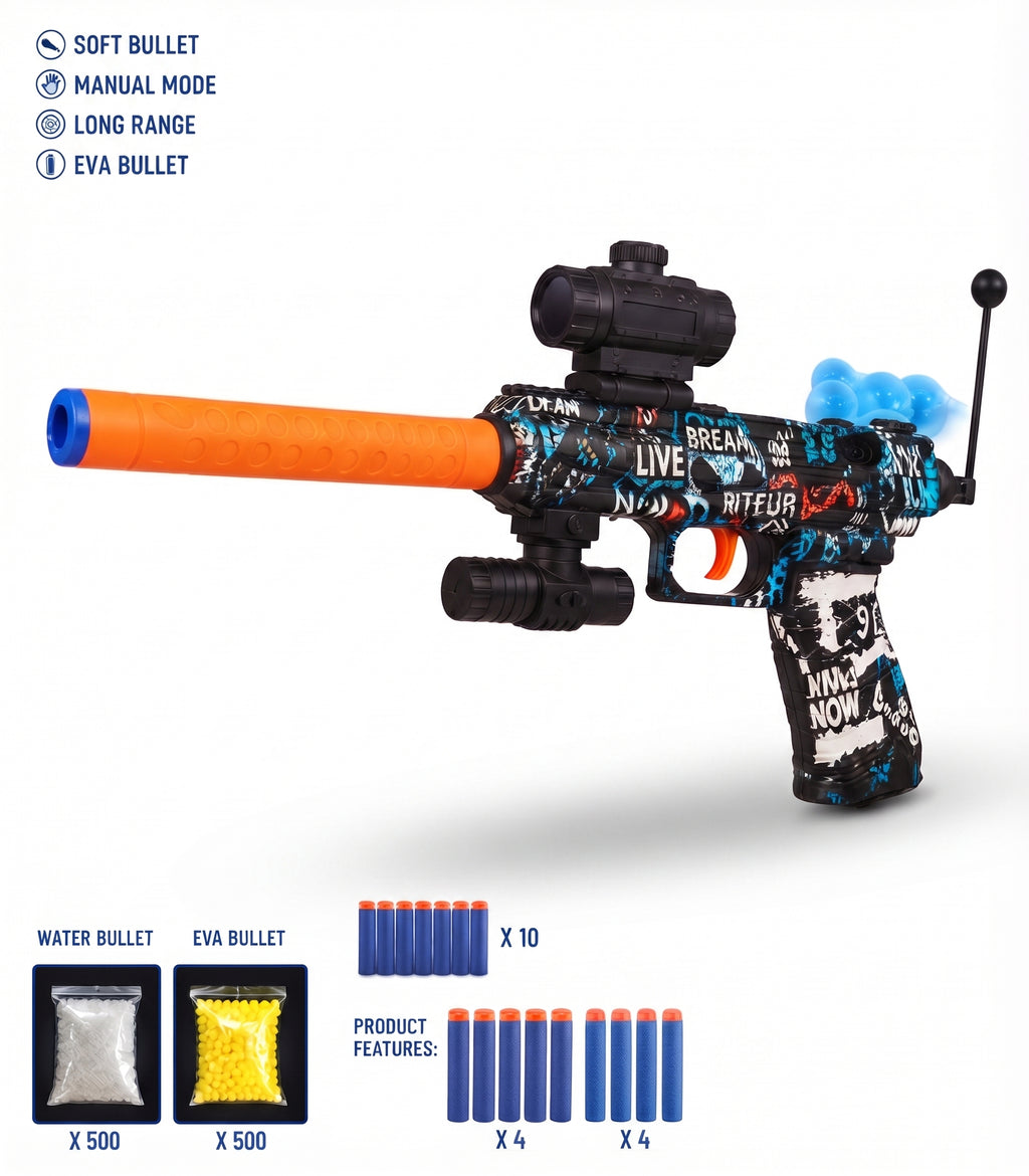 Shooting Soft Bullet Gun Toy – Manual Action Foam Dart & Water Gel Blaster with Scope, Antenna, and Accessories for Kids Age 6+