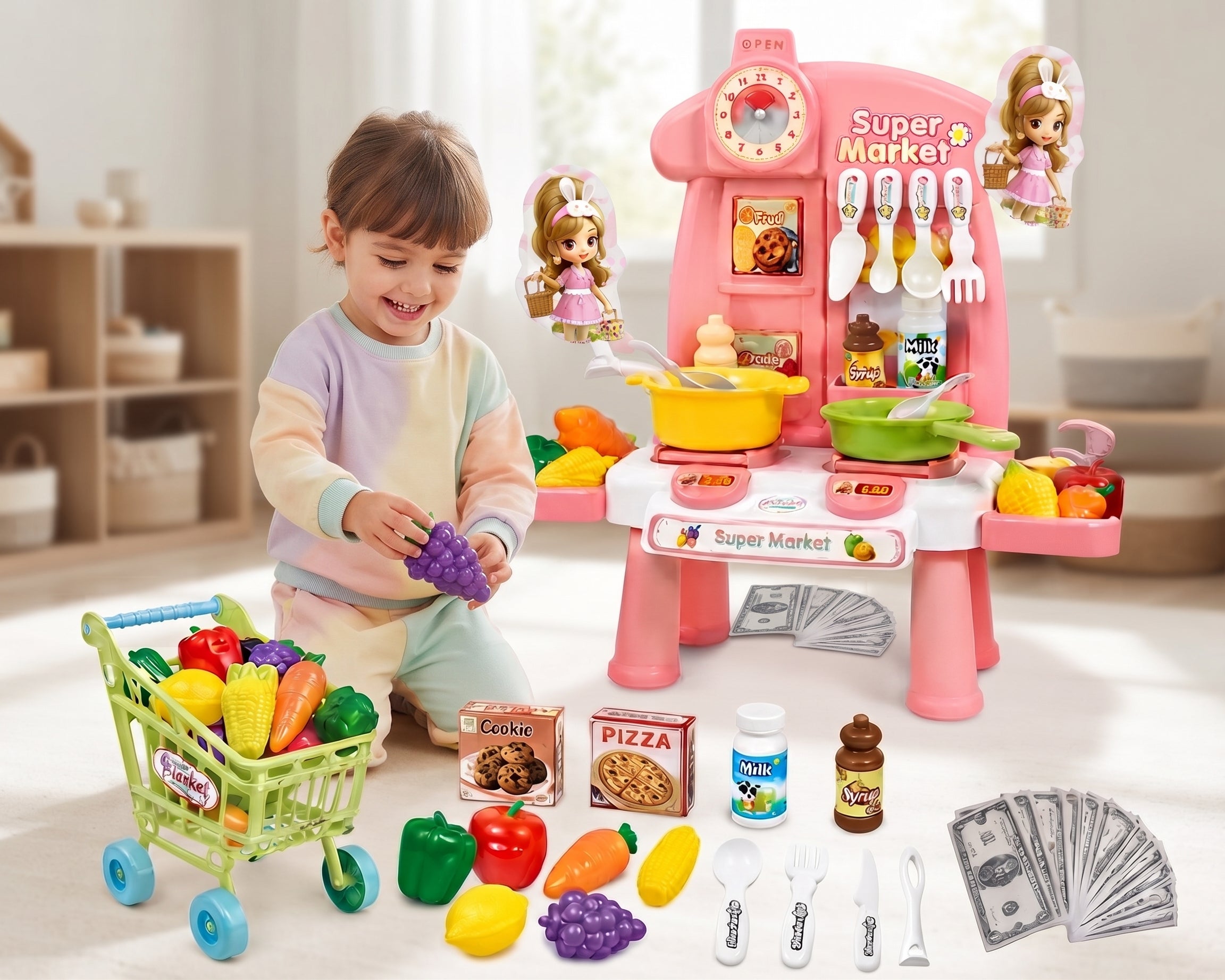 Kids Supermarket Shopping Cart Play Set with Toy Food, Cash & Pretend Grocery Accessories – Pink Play Stand for Toddlers
