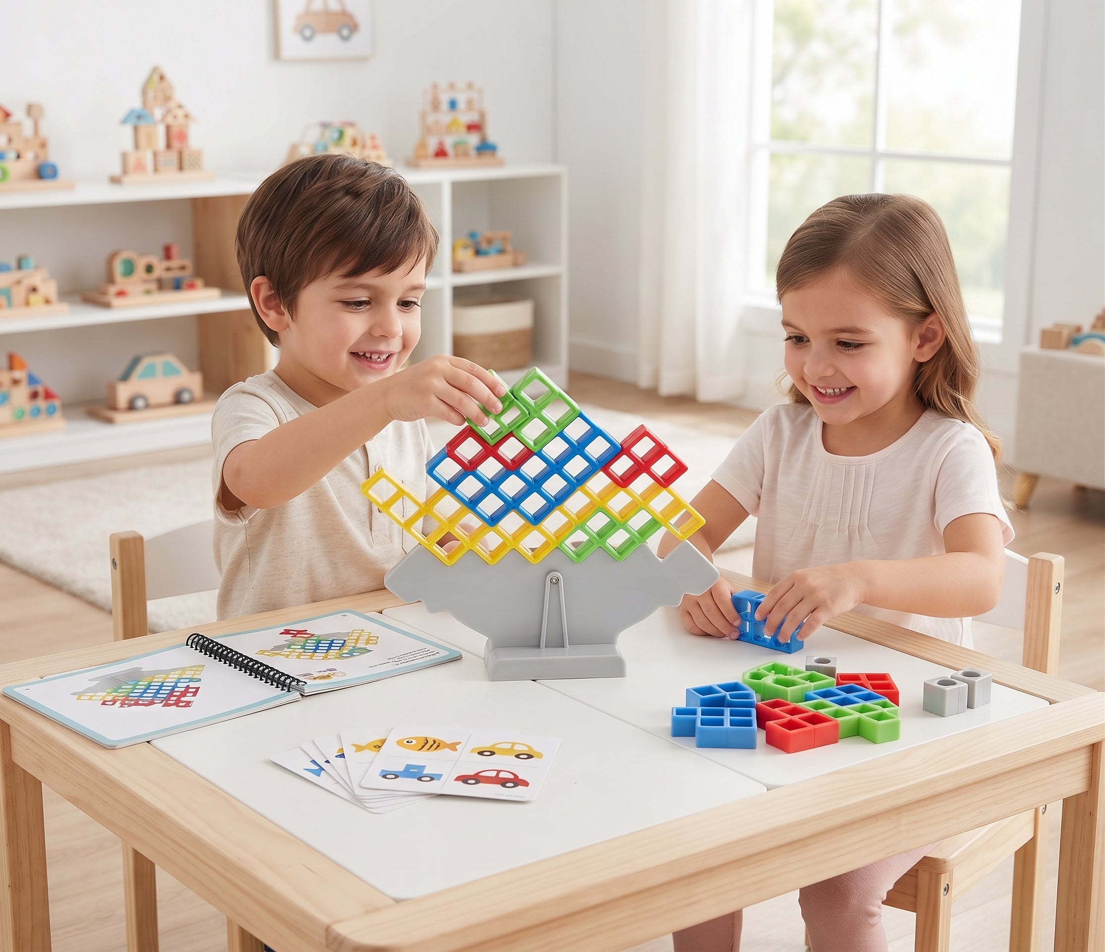 Puzzle Board Game – Montessori Spatial Reasoning & Pattern Recognition Learning Toy with Colorful Geometric Blocks, Activity Cards & Storage Box