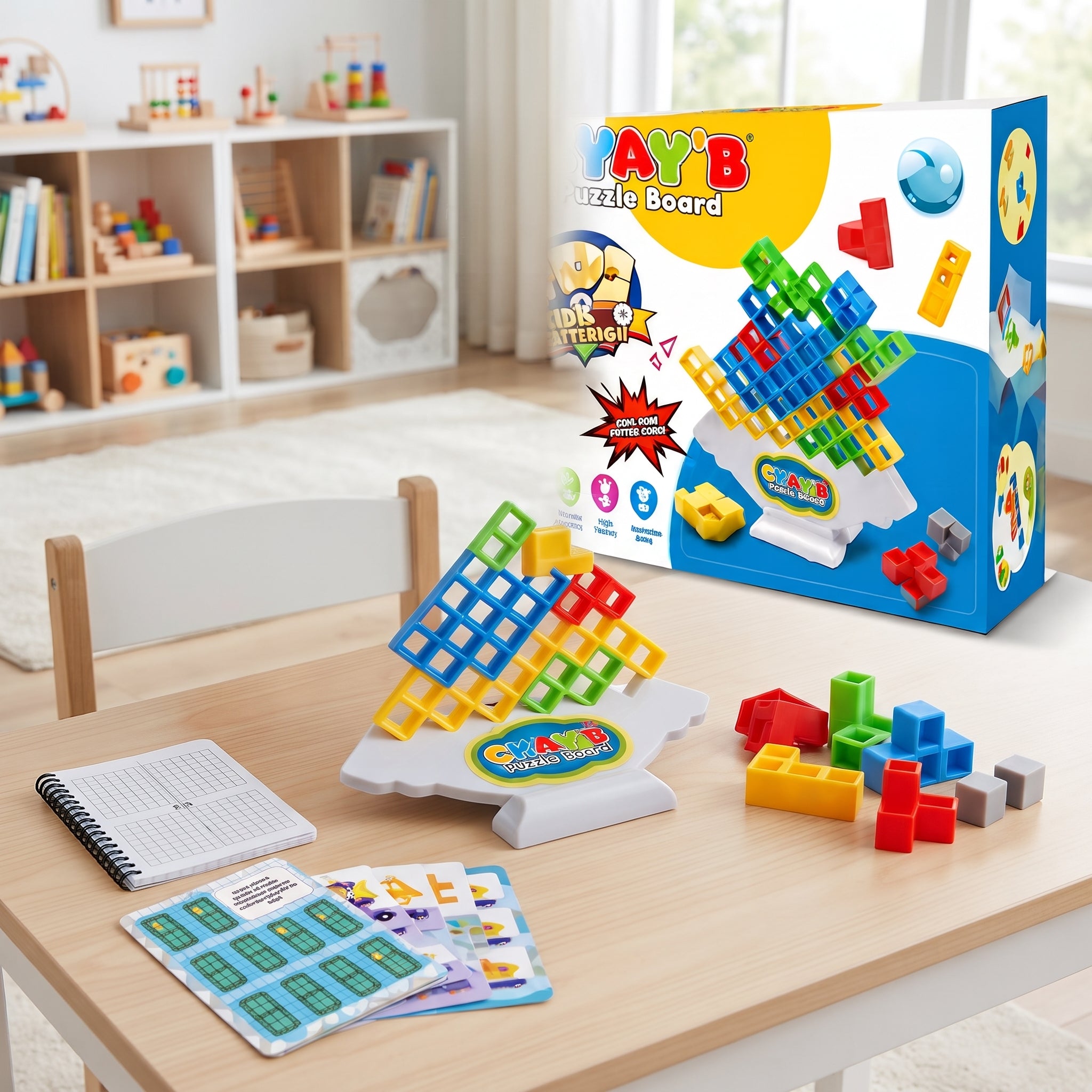 Puzzle Board Game – Montessori Spatial Reasoning & Pattern Recognition Learning Toy with Colorful Geometric Blocks, Activity Cards & Storage Box