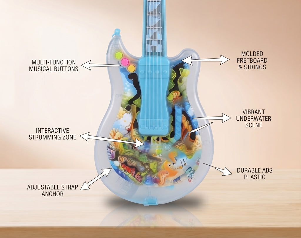 Kids Musical Guitar Toy – Transparent Underwater Design, Interactive Buttons, Strumming Details & Carry Strap for Boys and Girls