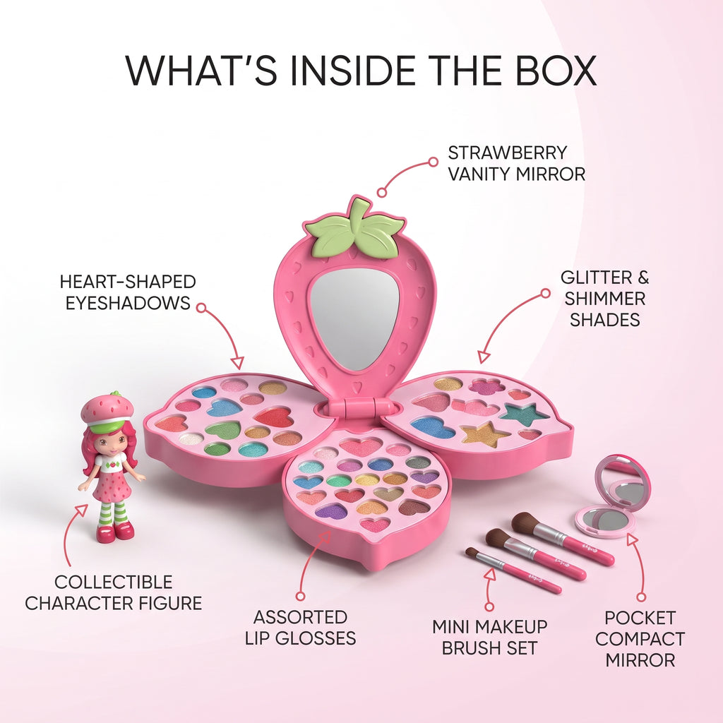 Strawberry Princess Makeup Set for Kids – Foldable Flower Cosmetic Palette with Mirror, Collectible Character Figure, and Mini Makeup Brushes