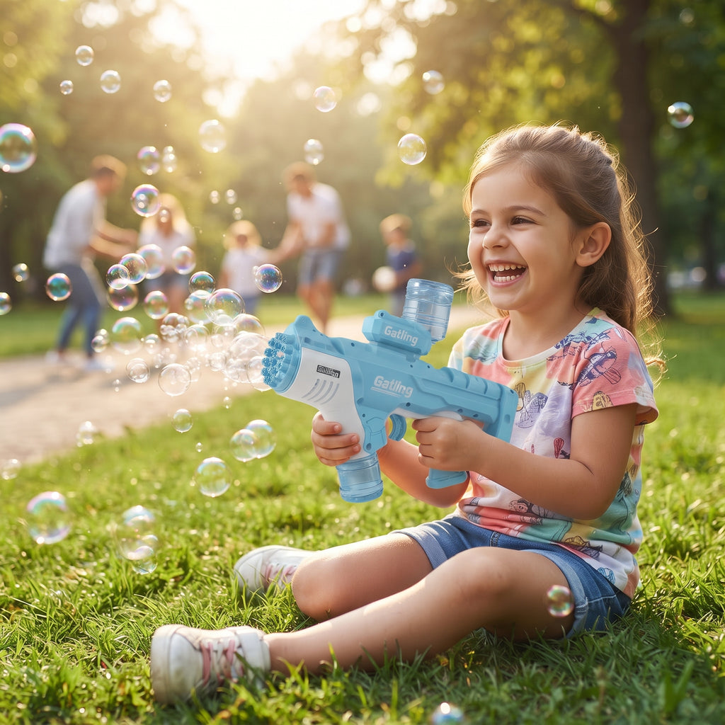 Automatic Gatling Bubble Gun Toy with Light & Sound, Bubble Machine Blaster with Refill Solution, Batteries, and Screwdriver - Pink & Blue Variant