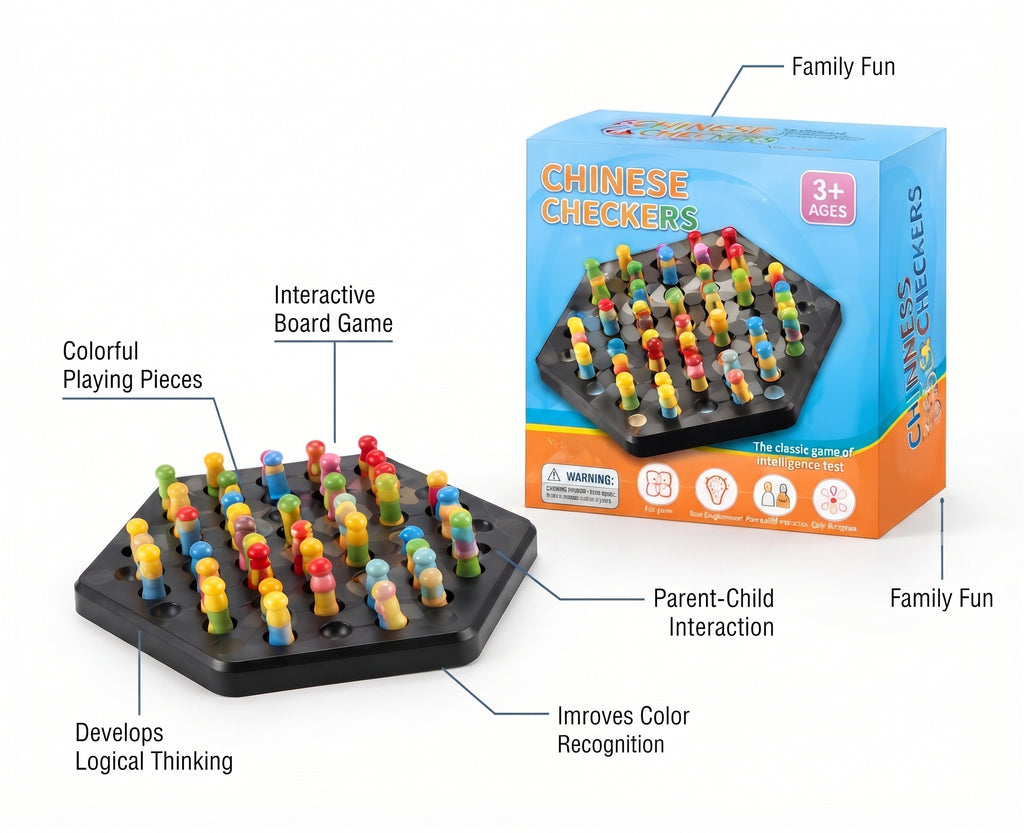Chinese Checkers Classic Strategy Board Game with Colorful Pegs & Storage Box - Educational Intelligence Puzzle Toy for Kids