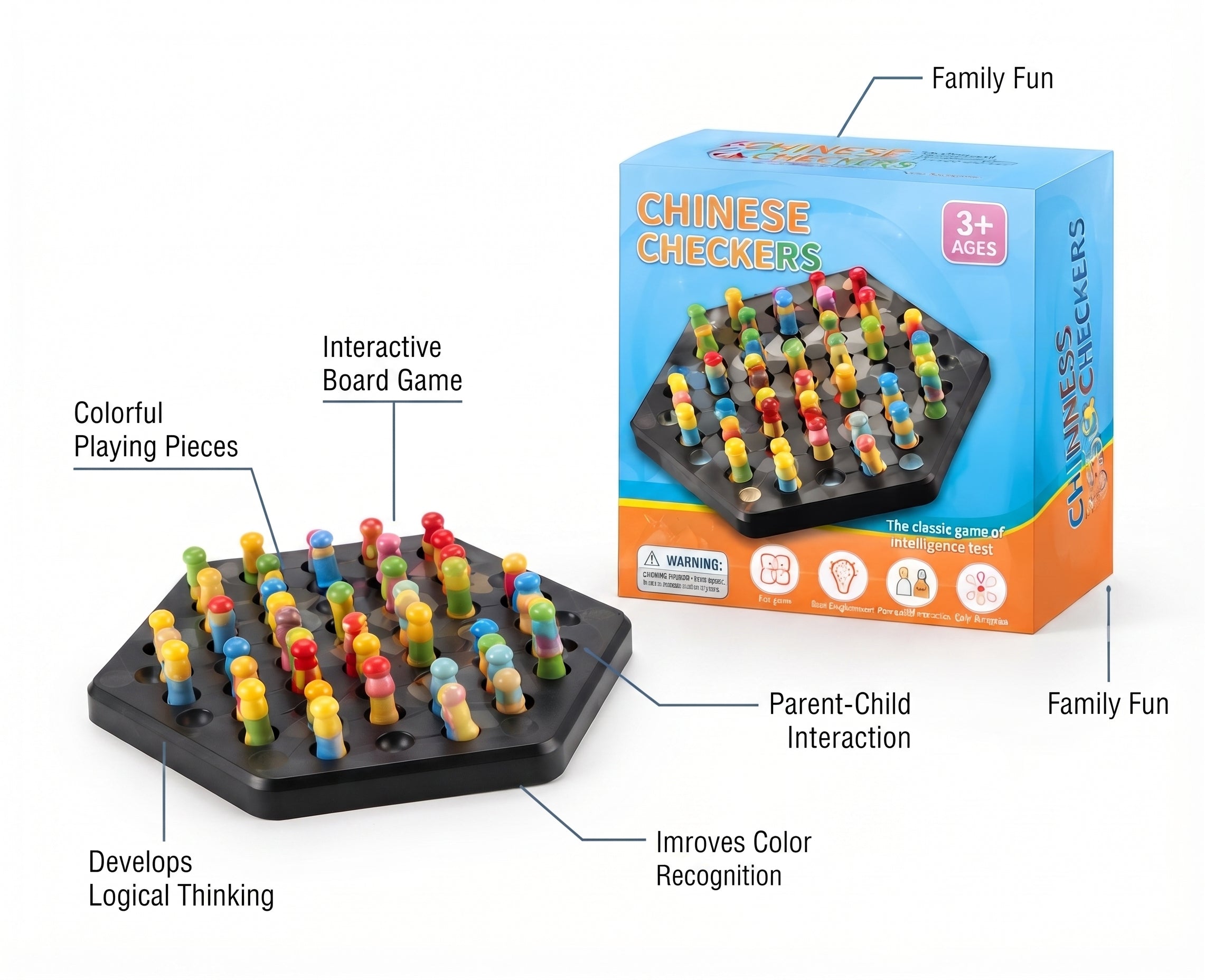 Chinese Checkers Classic Strategy Board Game with Colorful Pegs & Storage Box - Educational Intelligence Puzzle Toy for Kids