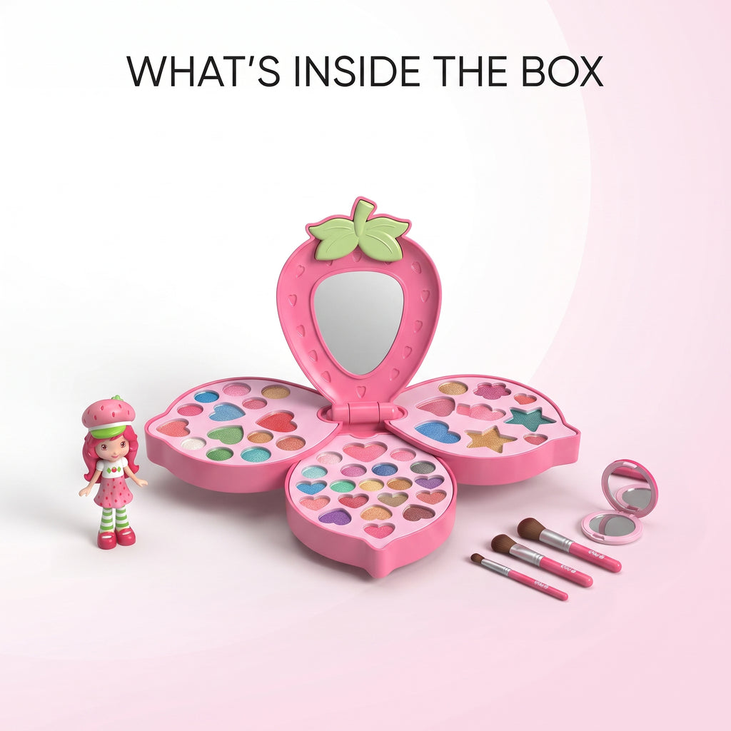 Strawberry Princess Makeup Set for Kids – Foldable Flower Cosmetic Palette with Mirror, Collectible Character Figure, and Mini Makeup Brushes