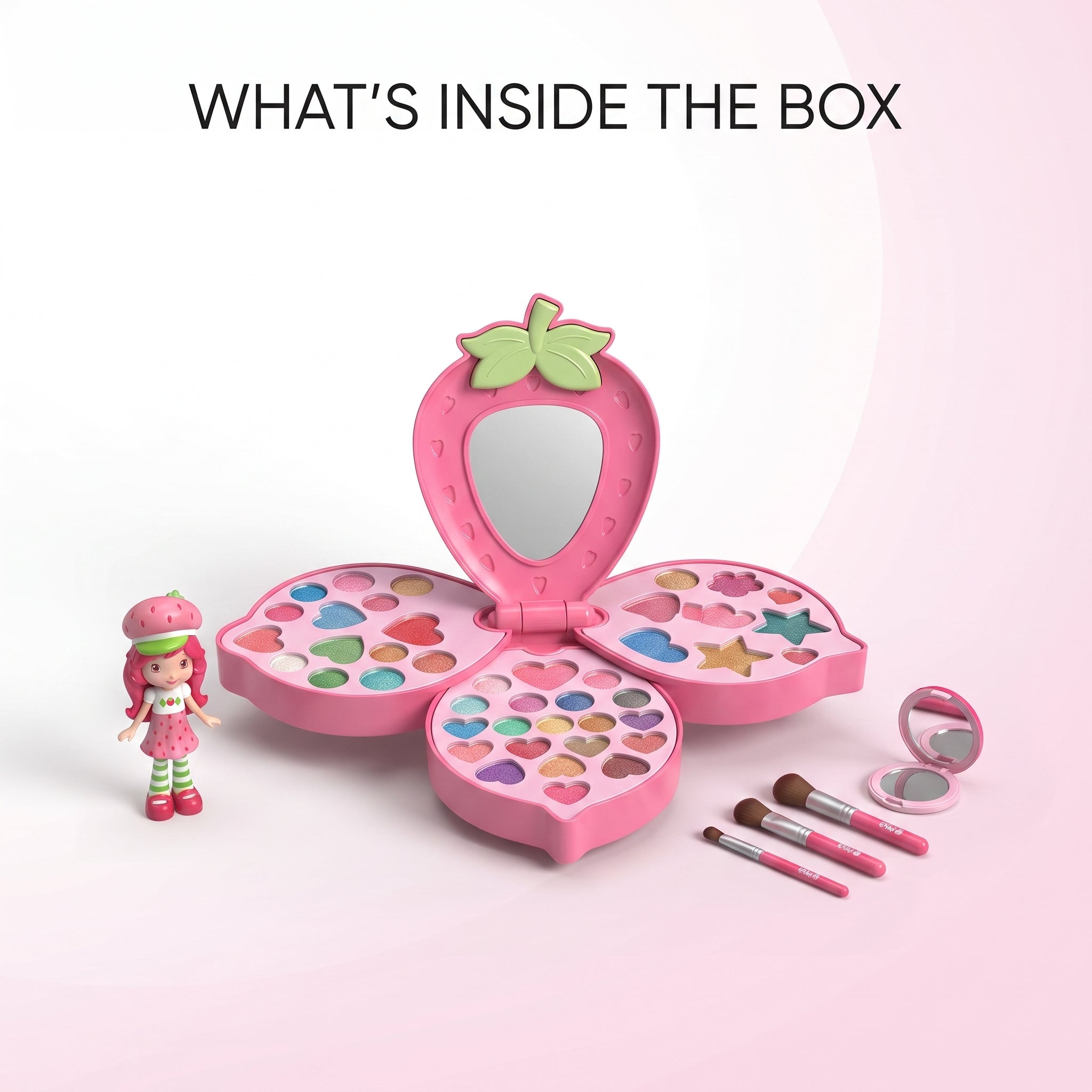 Strawberry Princess Makeup Set for Kids – Foldable Flower Cosmetic Palette with Mirror, Collectible Character Figure, and Mini Makeup Brushes