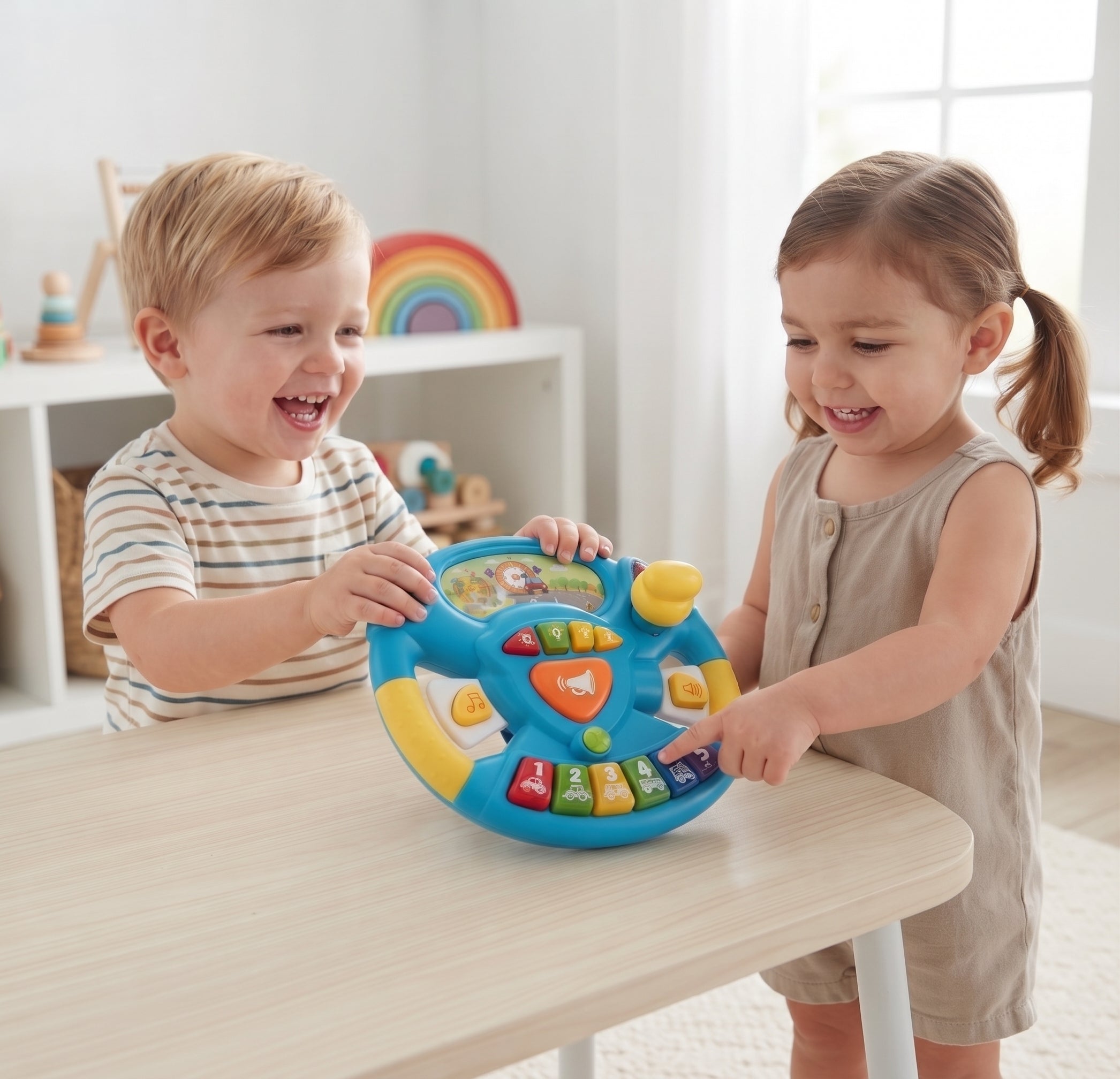 Baby Musical Steering Wheel Toy with Flashing Lights, Gear Lever & Colorful Buttons - Interactive Driving Learning Toy for Kids (18+ Months)