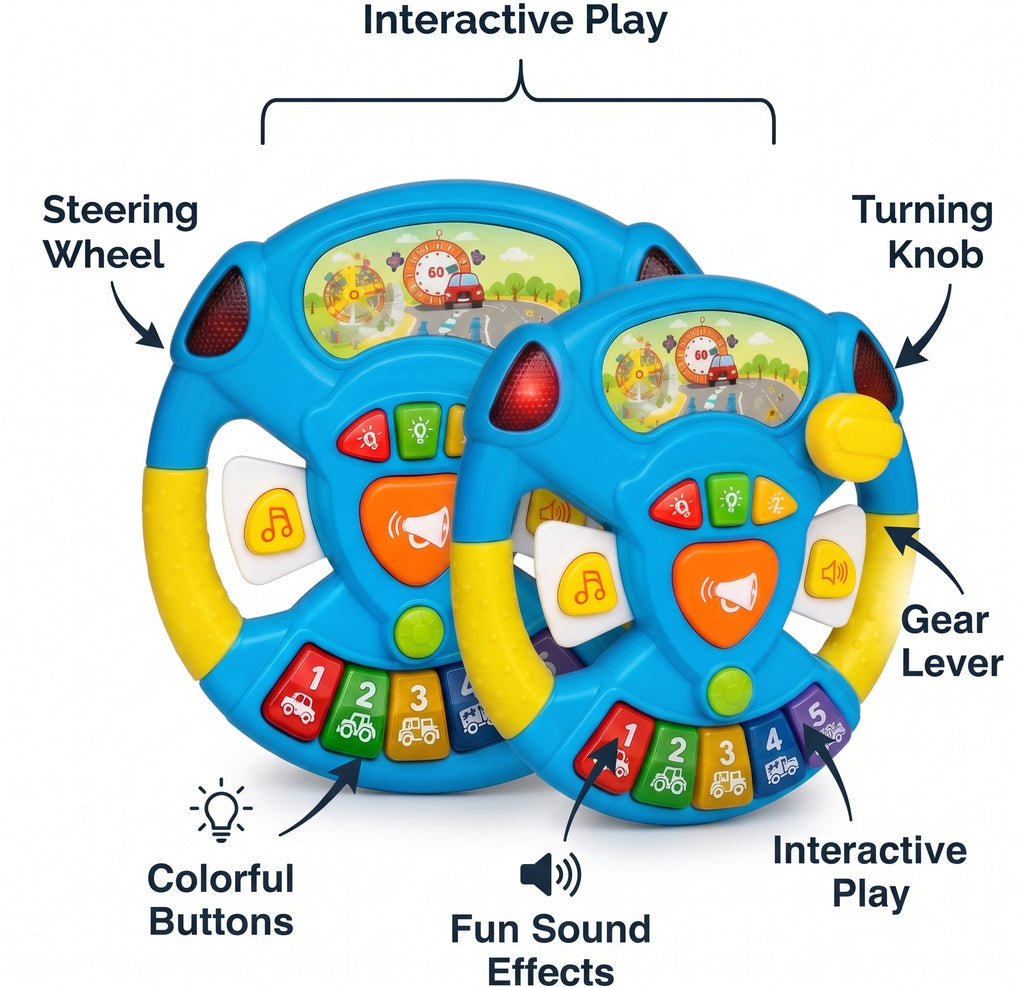 Baby Musical Steering Wheel Toy with Flashing Lights, Gear Lever & Colorful Buttons - Interactive Driving Learning Toy for Kids (18+ Months)