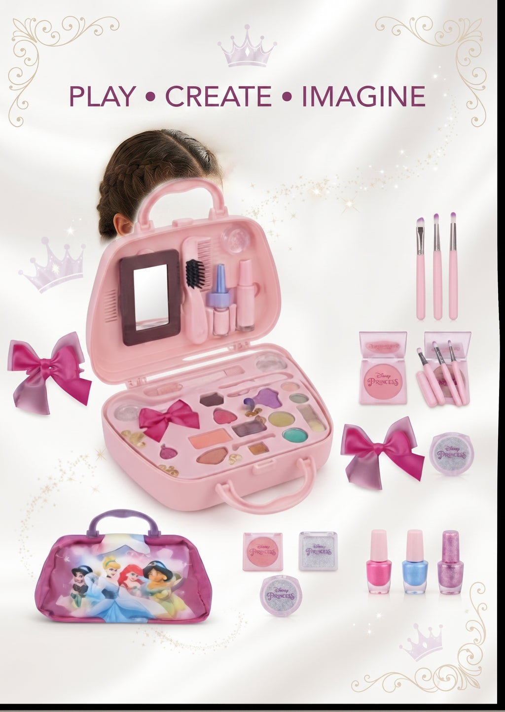 Kids Princess Beauty & Makeup Handbag Play Set – Portable Cosmetic Toy Kit with Mirror, Pretend Makeup Accessories & Storage Case for Girls