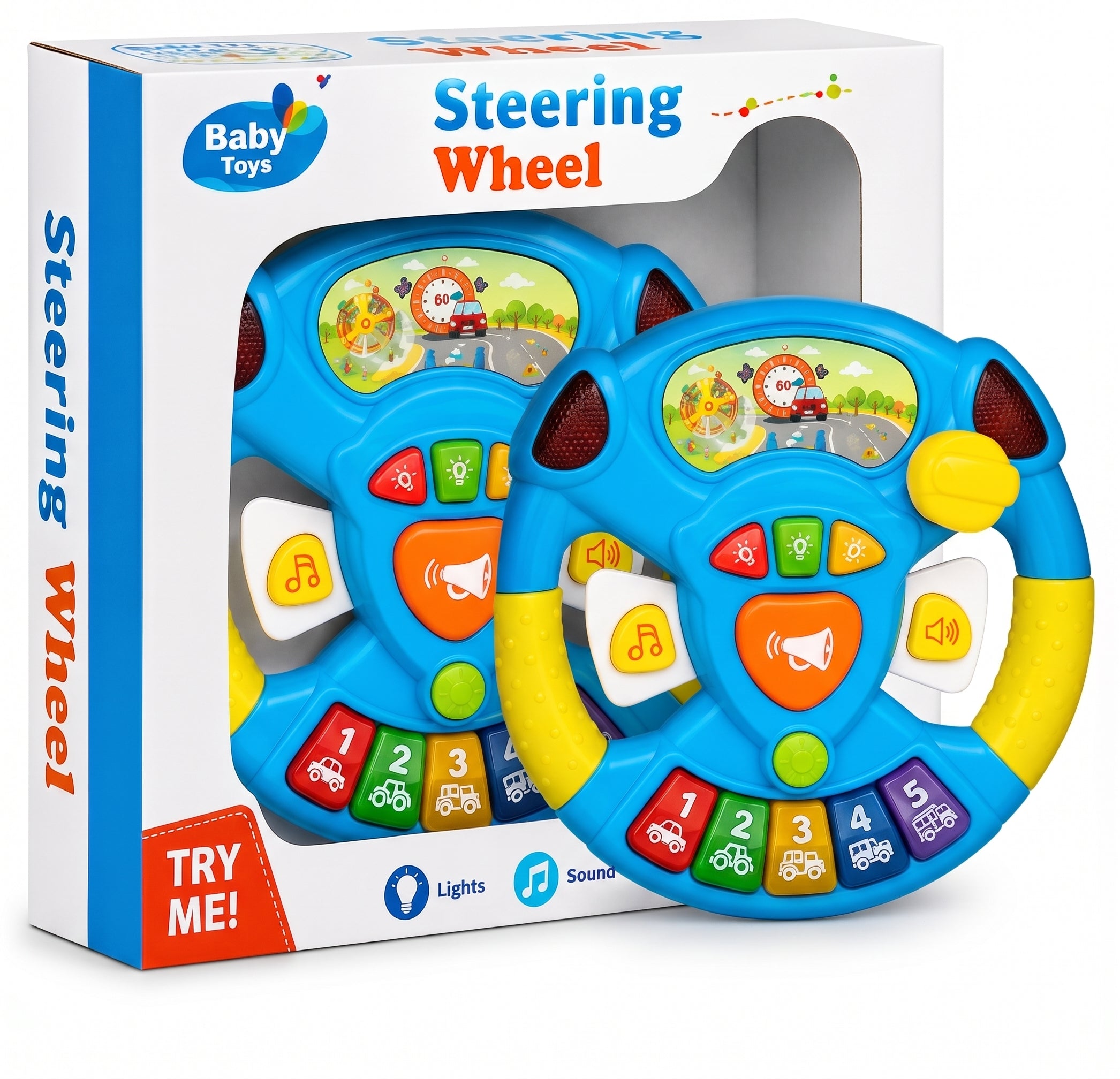 Baby Musical Steering Wheel Toy with Flashing Lights, Gear Lever & Colorful Buttons - Interactive Driving Learning Toy for Kids (18+ Months)