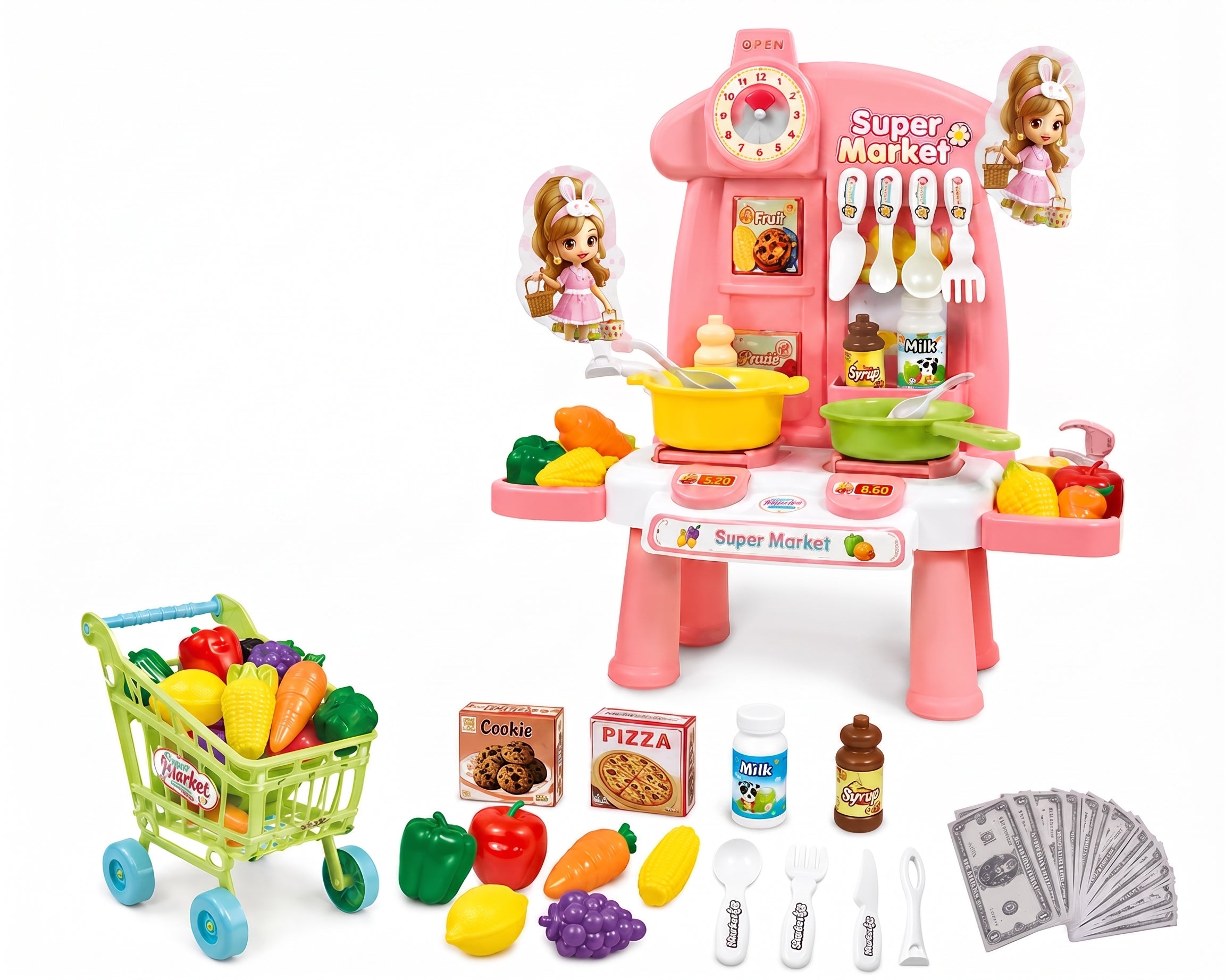 Kids Supermarket Shopping Cart Play Set with Toy Food, Cash & Pretend Grocery Accessories – Pink Play Stand for Toddlers