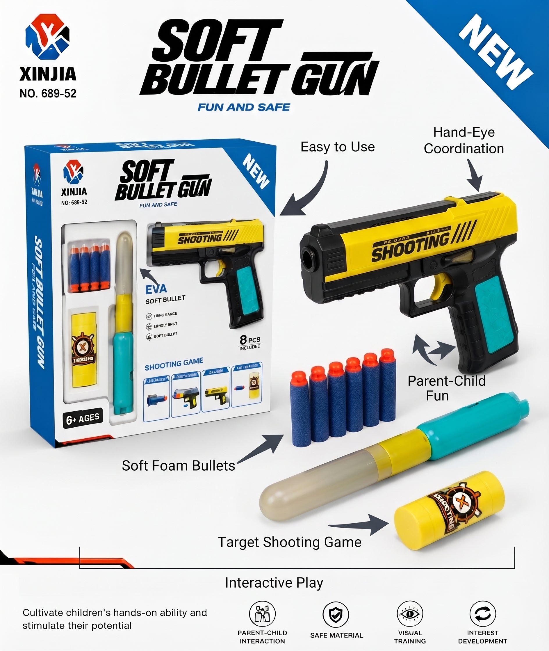 Soft Bullet Gun Toy Set with EVA Foam Bullets & Target - Safe Shooting Game & Action Toy for Kids (6+ Ages)